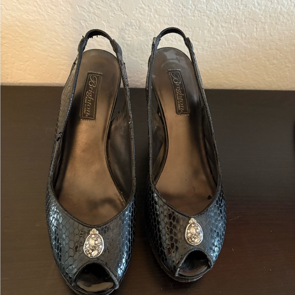 Brighton Elegant Black Peep-Toe Slingback Heels -Welch is the style name.